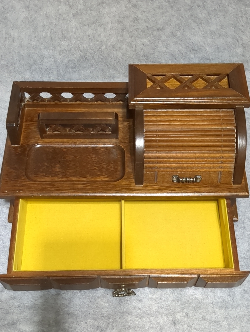 Vintage Wooden Jewelry Box Desk Organizer Roll-Top Velvet Storage Drawer - Picture 9 of 14